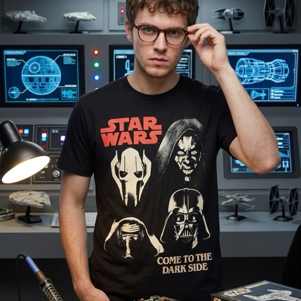 Star Wars Dark Side Black Tee with Red Logo and Cream Character Prints